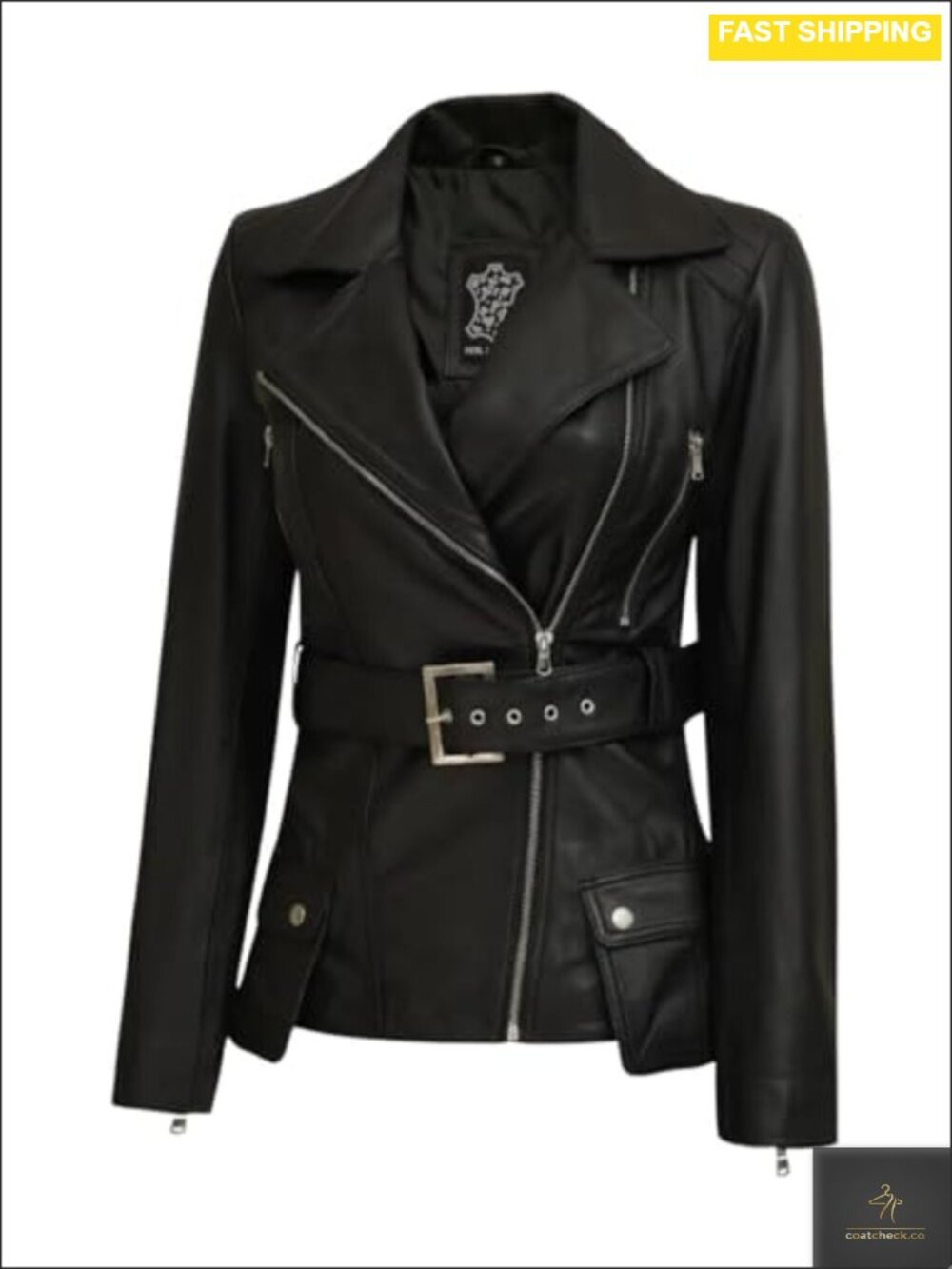Lambskin Leather Asymmetrical Belted Moto Jacket Womens